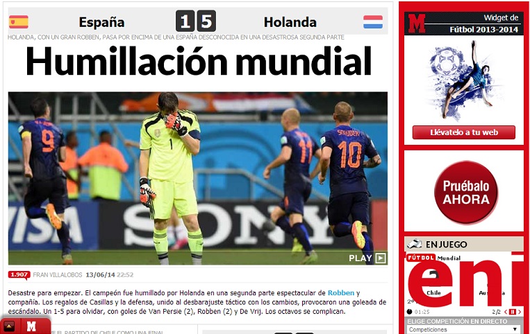 Copa do Mundo 2014 Espanha Holanda: A Espanha sofre um descalabro mundial, Esportes