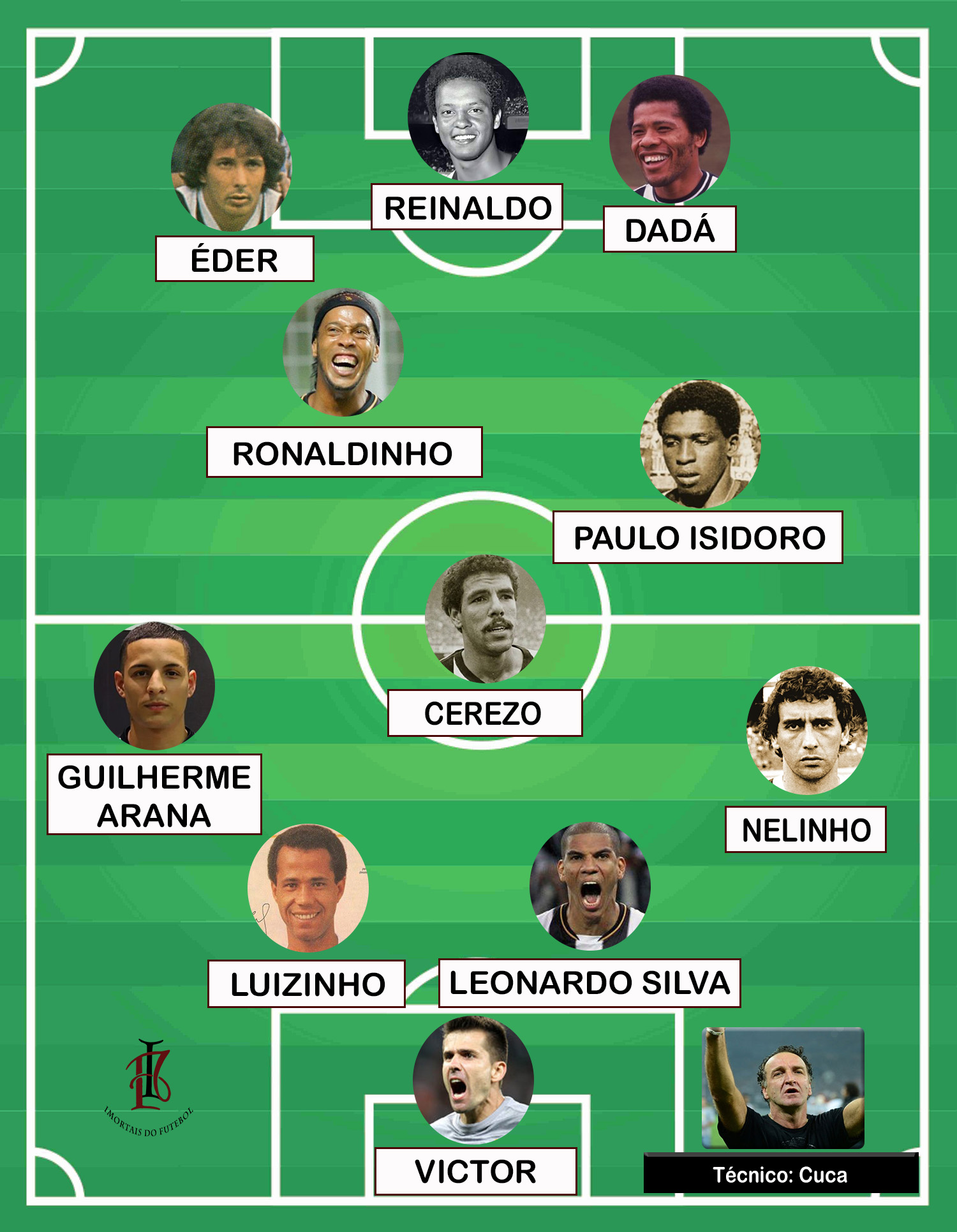 Lendas do Atlético-MG tem tabela de Ronaldinho e Reinaldo, gol de
