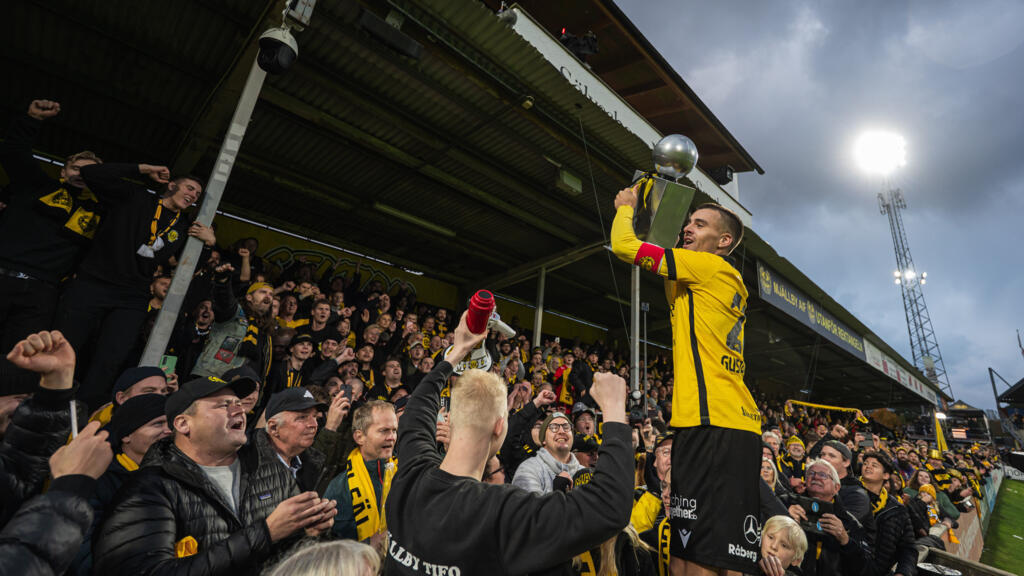 Jesper Gustavsson basks in the party atmosphere at the clubs 6000 seat Strandvallen stadium Jonathan NACKSTRAND