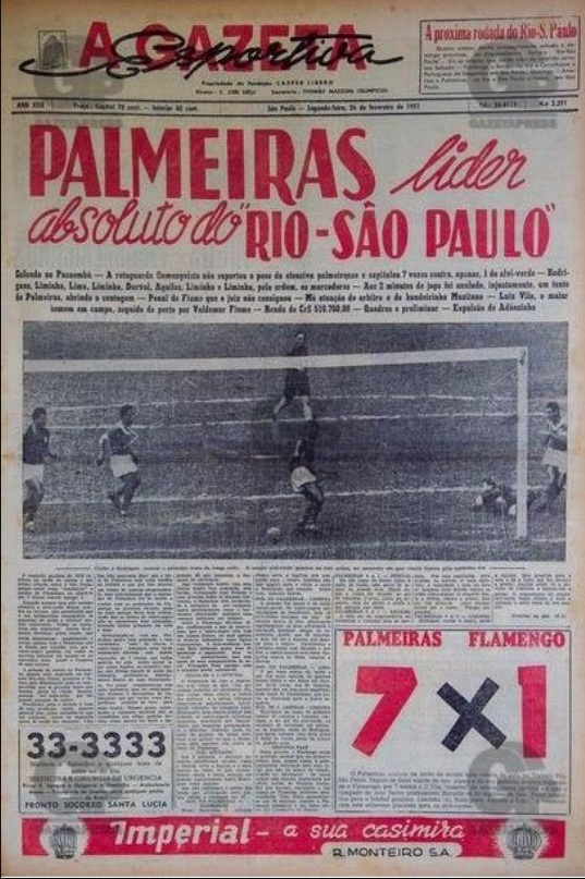 manchete jornal Palmeiras 7x1 Flamengo 1951